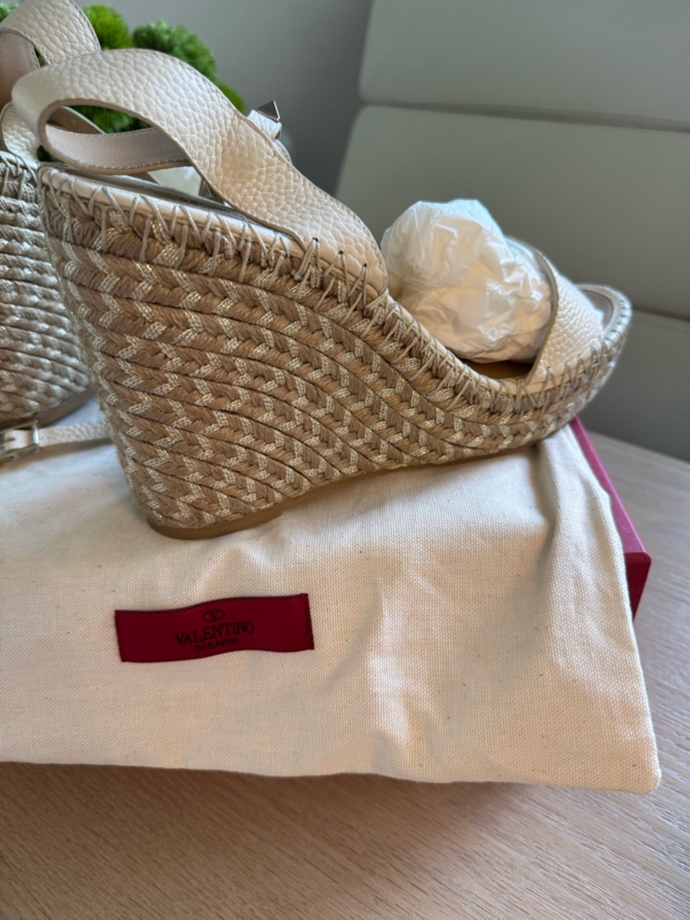 Valentino Ivory Leather Braided Espadrille Wedge Sandals